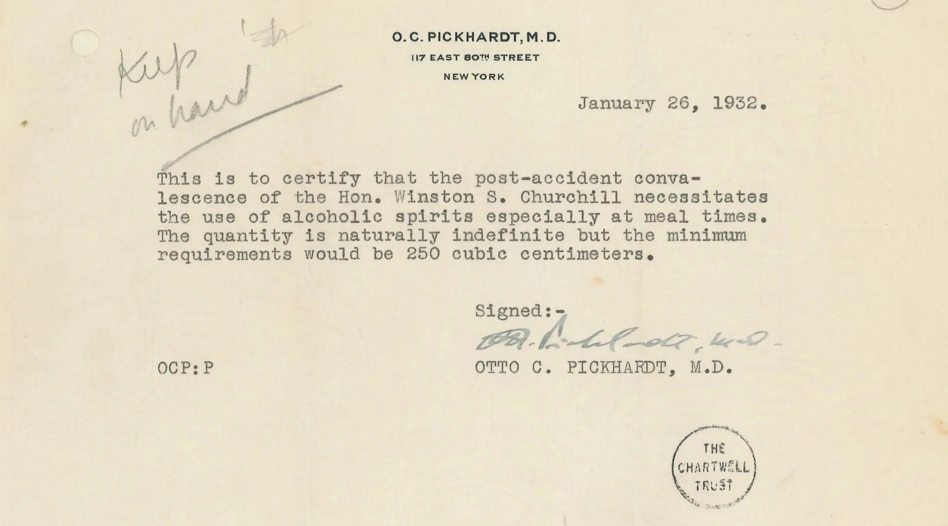 Lékařský předpis na alkohol pro rekonvalescenci po sražení autem v prohibicí zasaženém New Yorku, 1931